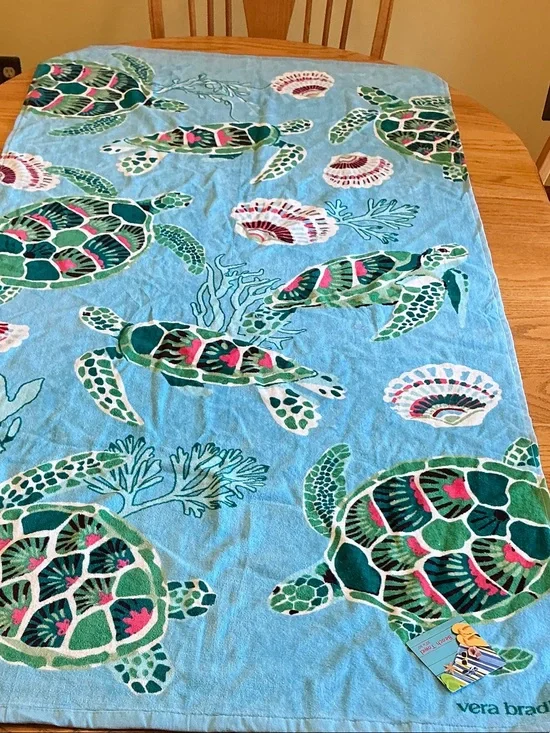 Vera Bradley Aqua Sea Turtle Beach Towel with Green & Pink Accents