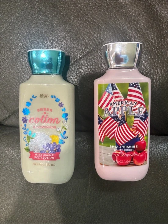 Bath and body lotion set in American apple and sheer cotton and lemonade