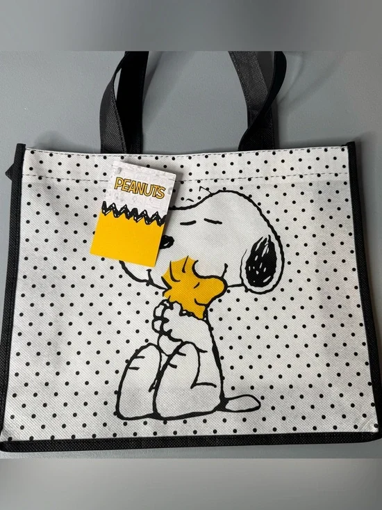Peanuts White & Yellow Snoopy and Woodstock Polka Dot Tote reusable gift ba