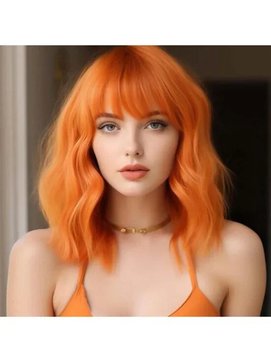 Women's Orange 14 Inch Heat Resistant Short Bangs Bob Modern Wavy Wigs