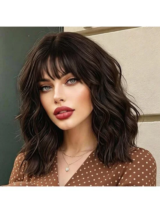 Women's Brown 14 Inch Heat Resistant Short Bangs Bob Modern Wavy Wigs