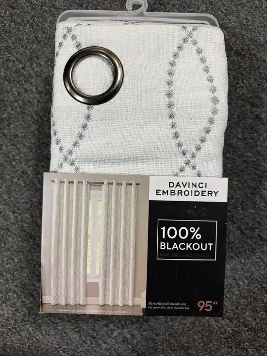 Davinci Embroidery White Gray Black out Grommet Thick Curtain Panel (1) 50