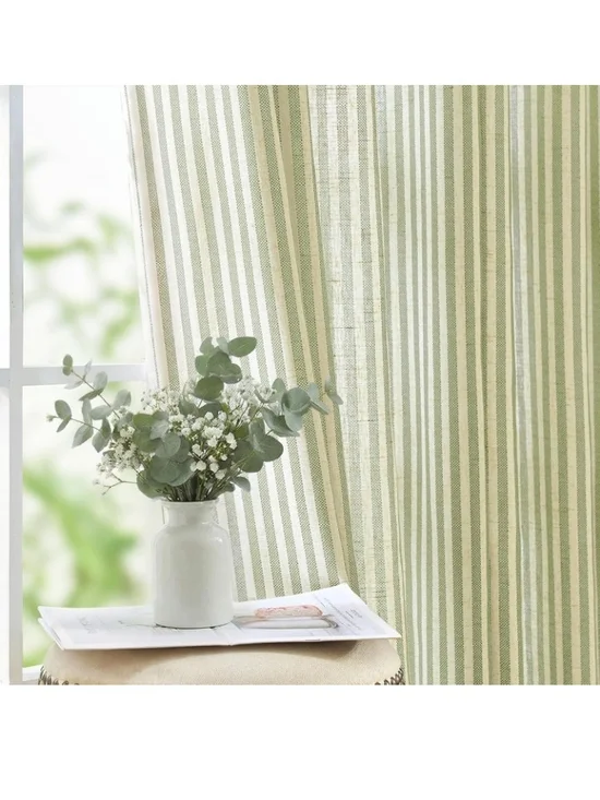 jinchan Linen Curtains 96 inch Sage Green Stripe on Beige Grommet 2 Panels