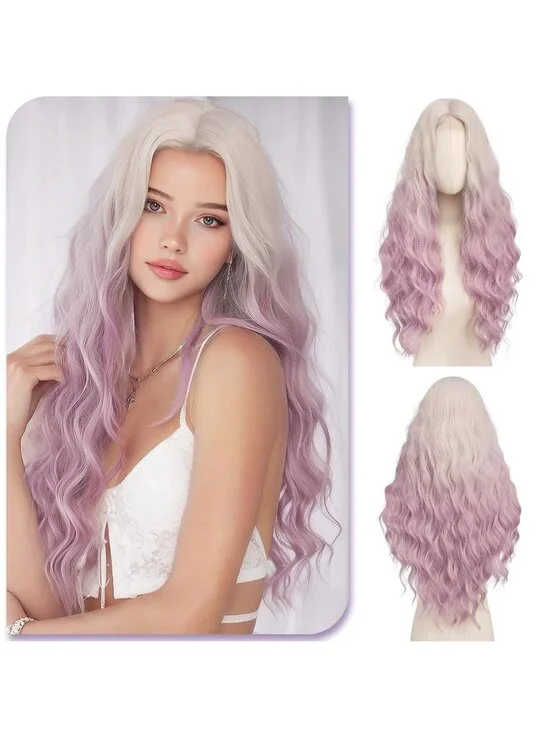 Women's Silver Blonde Root 28 Inch Lace Front Soft Synthetic Long Wavy Curly Wig