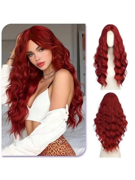 Women's Dark Red 28 Inch Lace Front Soft Synthetic Long Wavy Curly Wigs