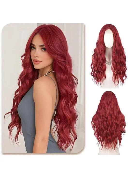 Women's Burgundy Red 28 Inch Lace Front Soft Synthetic Long Wavy Curly Wigs