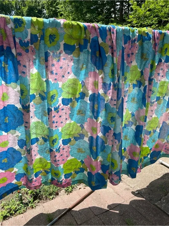 Pair Penney’s Penn Prest 70s Floral Window Curtains Panel in Blue, Green & Pink