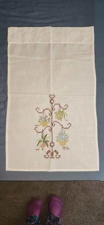 Vintage Hand Embroidered Linen Curtain Panel Hanging Flower Basket Cottagecore