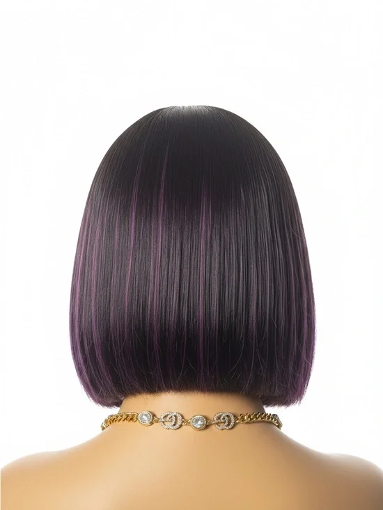Short Bob Wig with Purple Highlights - Women's Hair