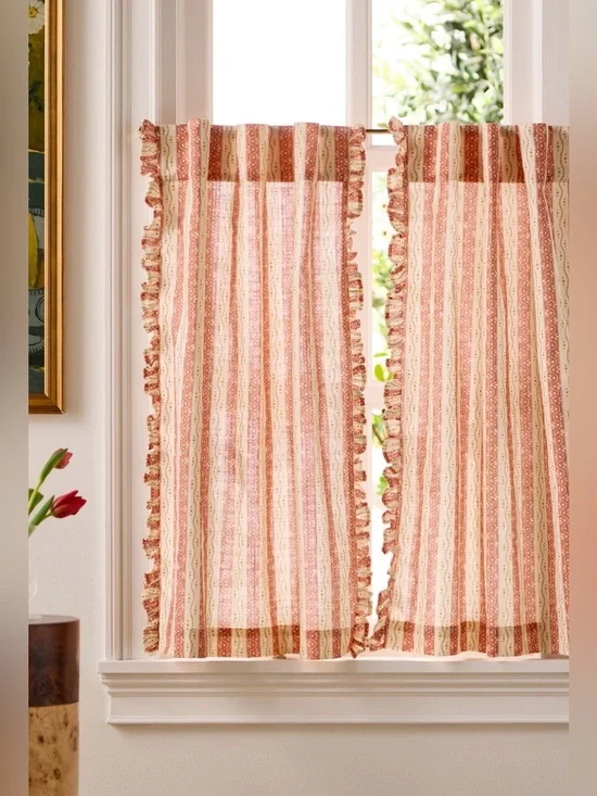 Anthropologie Ivy Cotton Striped Cafe Curtain, Set of 2, Coral