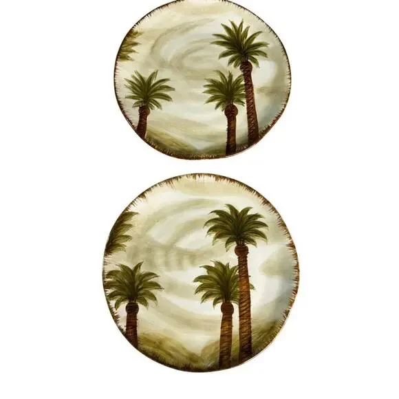Set of 2 Z Gallerie Fiji Hand Painted Palm Tree Plates 9