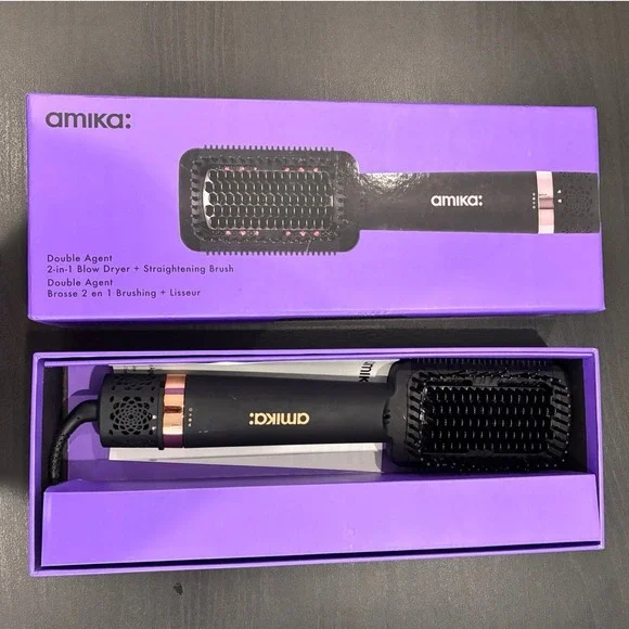 Amika Double Agent 2-in-1 Blow Dryer Straightening Brush Black Rose Gold