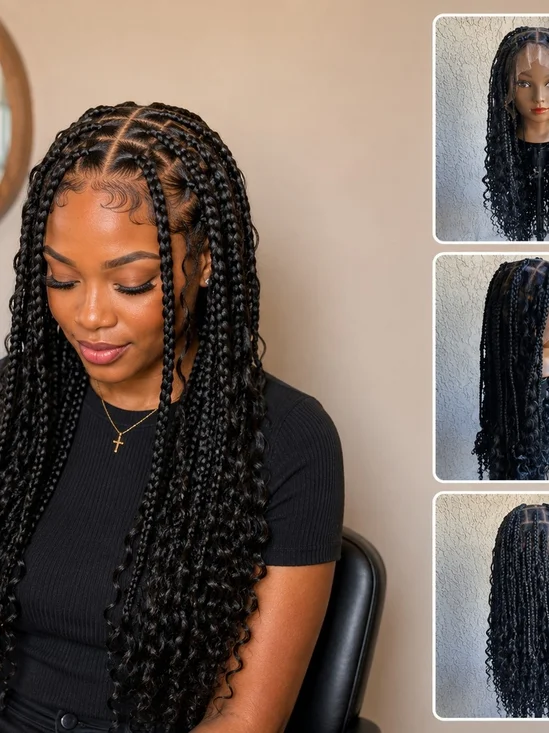 Premium Black Long Box Braids Wig with Curly Ends - Women Hair