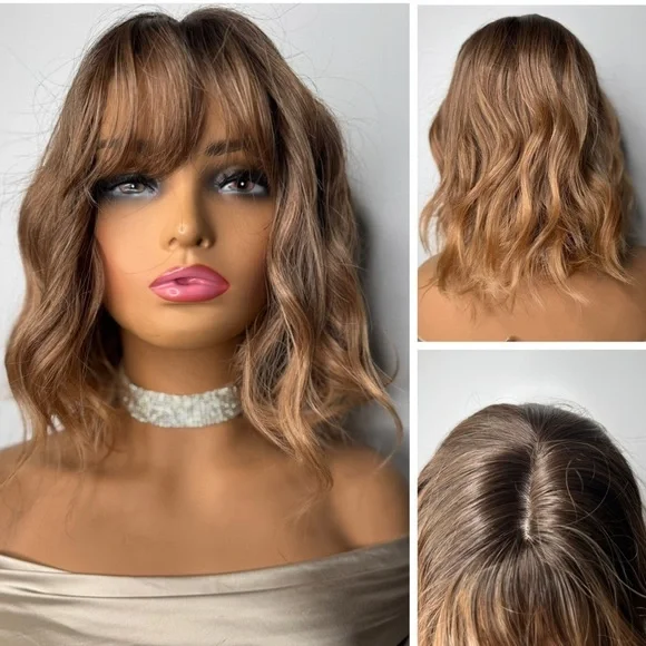 Mocha Brown Wavy Synthetic Wig with Bangs | Shoulder Length | Natural Part