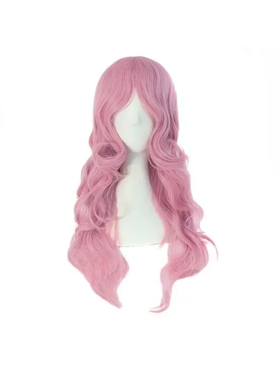 Women's Pink 24 Inch Synthetic Modern Long Wavy Side Bangs Wigs