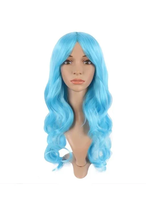 Women's Sky Blue 24 Inch Synthetic Modern Long Wavy Side Bangs Wigs