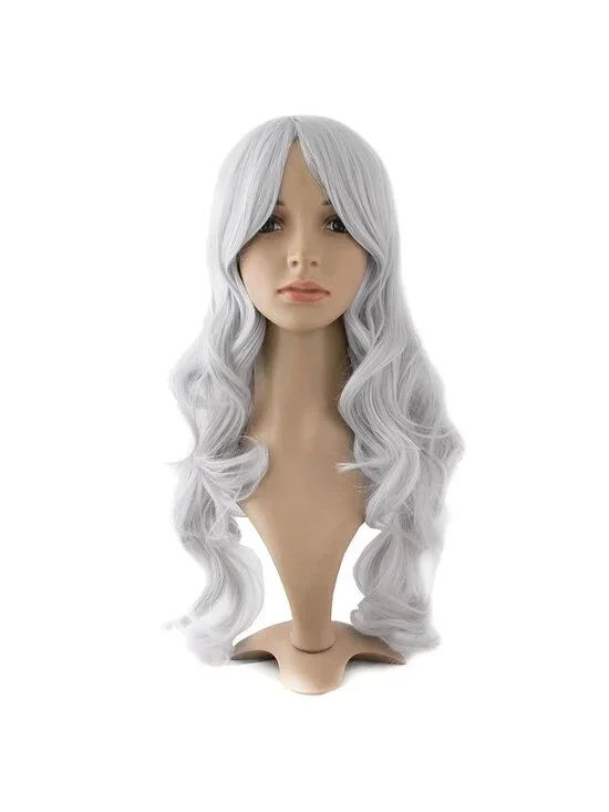 Women's Silver Grey 24 Inch Synthetic Modern Long Wavy Side Bangs Wigs
