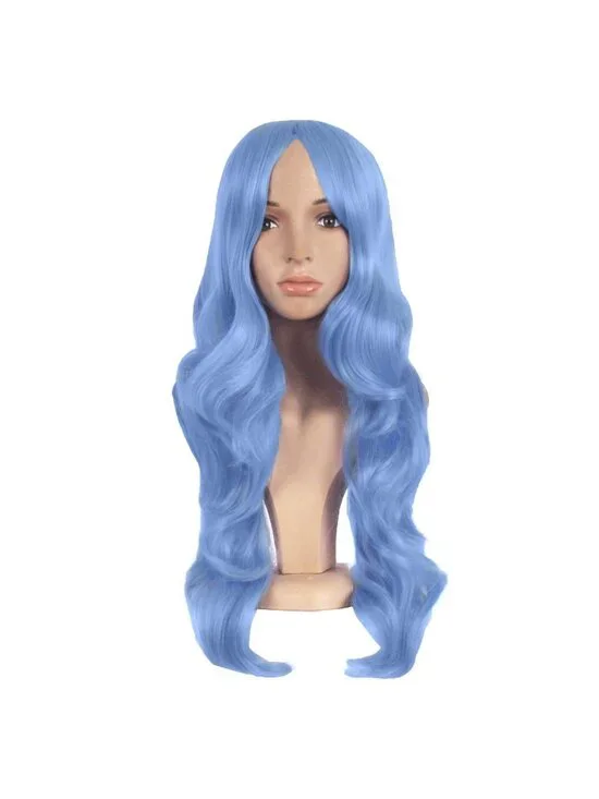 Women's Periwinkle Pink 24 Inch Synthetic Modern Long Wavy Side Bangs Wigs