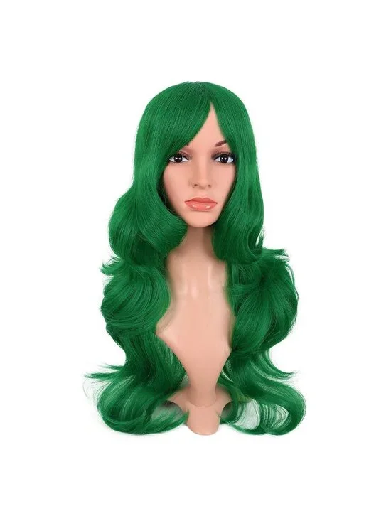 Women's Grass Green 24 Inch Synthetic Modern Long Wavy Side Bangs Wigs