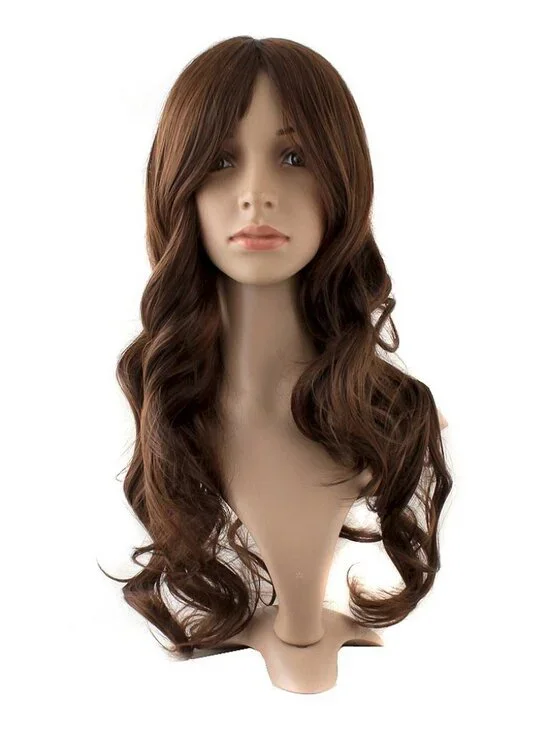 Women's Brown 24 Inch Synthetic Modern Long Wavy Side Bangs Wigs