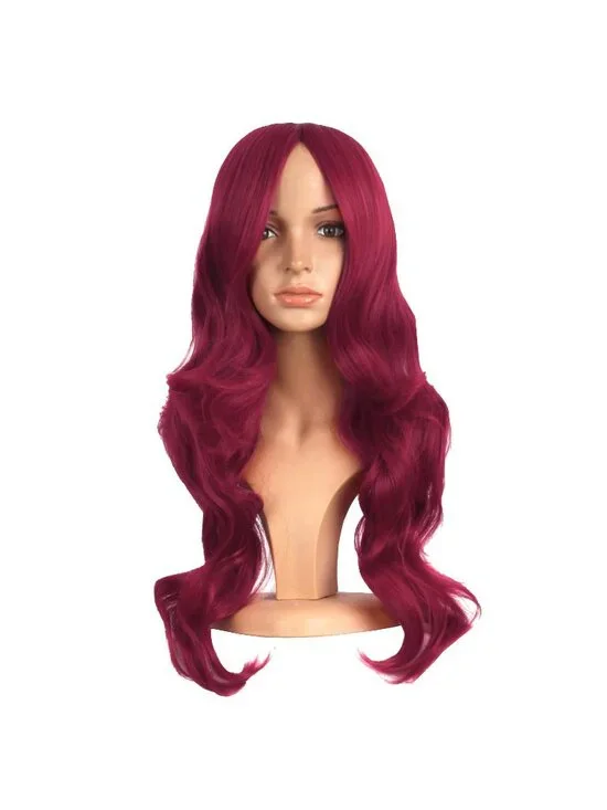Women's Blood Red 24 Inch Synthetic Modern Long Wavy Side Bangs Wigs