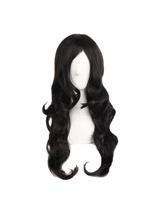 Women's Black 24 Inch Synthetic Modern Long Wavy Side Bangs Wigs