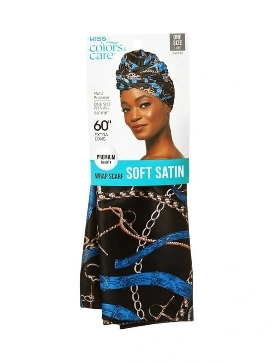 Kiss Soft Satin Wrap Scarf - Black with Blue Chain Print