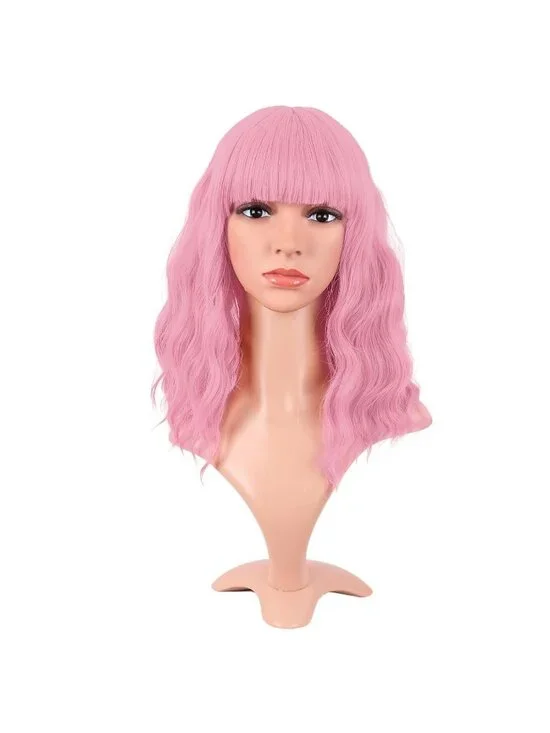 Women's Light Pink 14 Inch Fresh Bright Synthetic Ordinary Short Wavy Curly Wigs