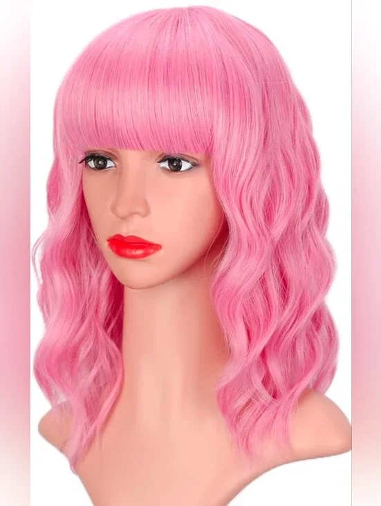 14 Inch Pink Wavy Synthetic Hair Wig with Bangs
