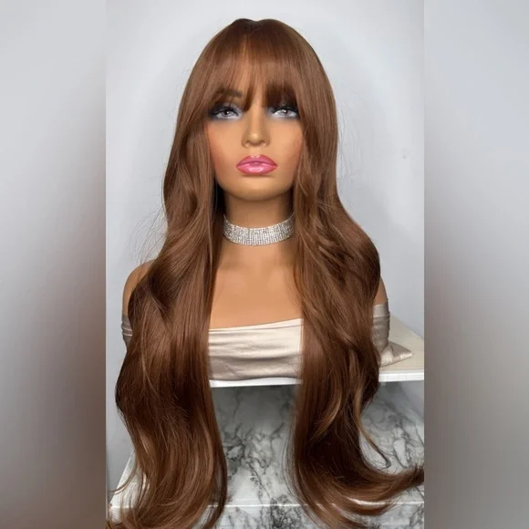Long Mocha Brown Wig with Bangs – 30” Wavy Synthetic Hair, Natural Look