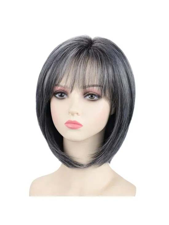 Women's Omber Grey 12 Inch Mid Length Heat Synthetic Straight Layered Bob Wigs