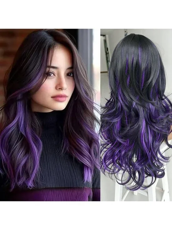 Women's Black Purple Long Blonde Wavy Synthetic Platinum Layered Classic Wigs