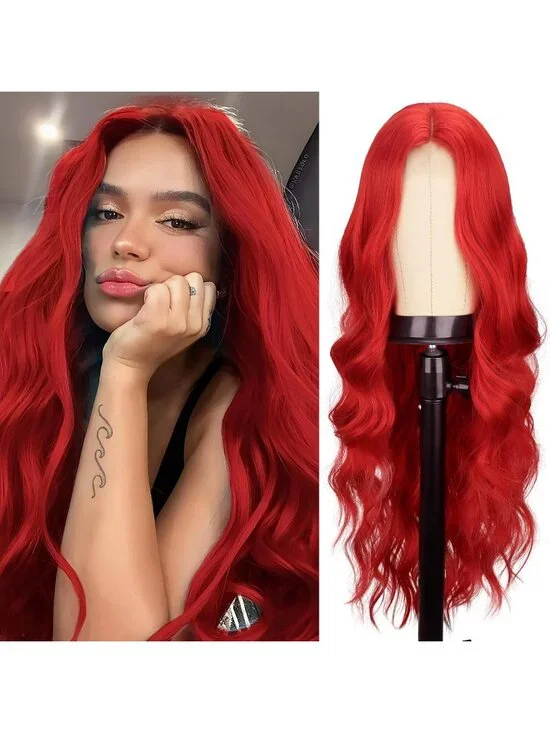 Women's Red 26 Inch Natural Synthetic Modern Long Curly Wavy Fiber Wigs