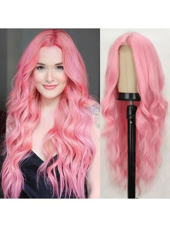 Women's Pink 26 Inch Natural Synthetic Modern Long Curly Wavy Fiber Wigs
