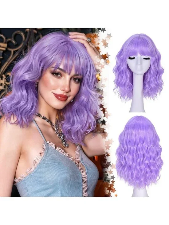 Women's Purple 14 Inch Natural Synthetic Short Curly Wavy Fiber Wigs