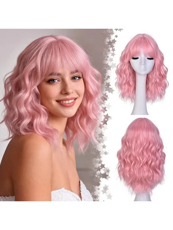 Women's Pink 14 Inch Natural Synthetic Short Curly Wavy Fiber Wigs