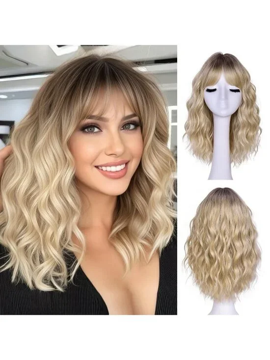 Women's Omber Blonde 14 Inch Natural Synthetic Short Curly Wavy Fiber Wigs