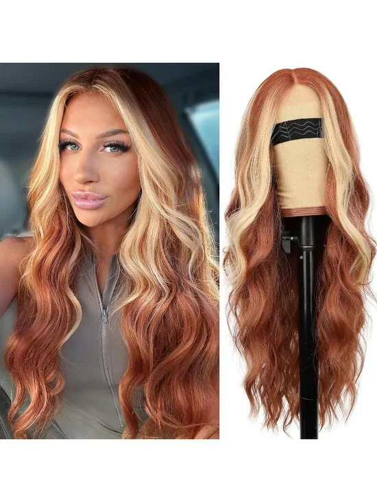 Women's Ginger Blonde Lace Hairline 26 Inch Synthetic Heat Resistant Wavy Wigs