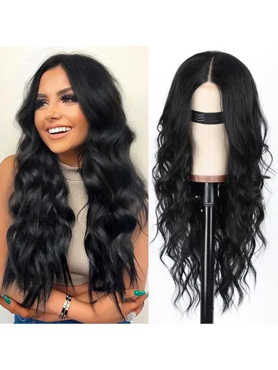 Women's Black Lace Hairline 26 Inch Synthetic Heat Resistant Wavy Wigs