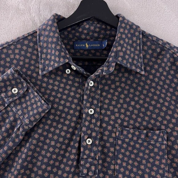 Ralph‎ Lauren Polo Shirt Mens Size Large Navy Long Sleeve Geometric Pattern