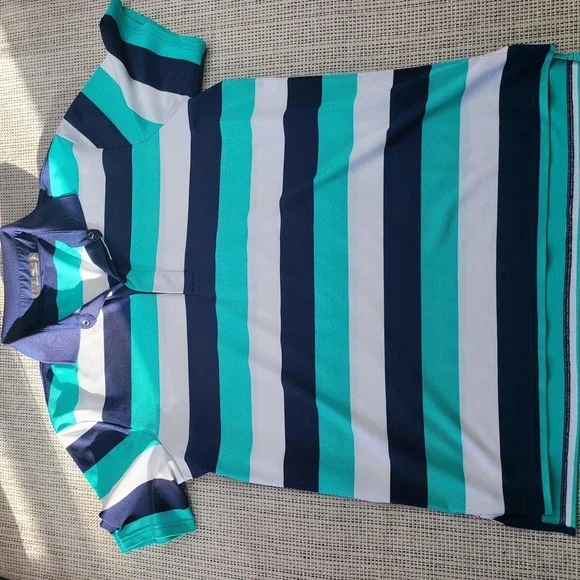 RLX Ralph Lauren Polo Shirt Mens Large Blue‎ Green Striped Golf Short Sleeve