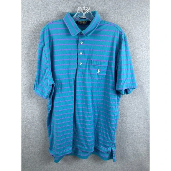 Polo Golf Ralph Lauren Vintage Lisle Shirt‎ Men's L Blue Striped Short Sleeve
