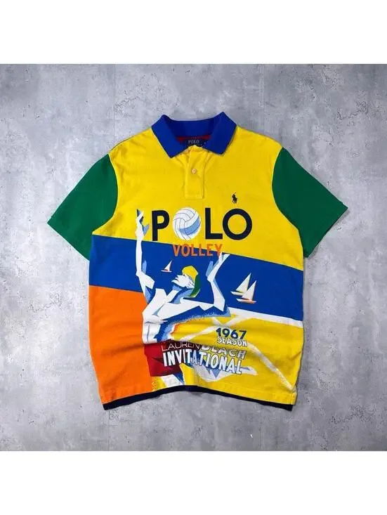 Y2K Polo Ralph Lauren Volleyball AOP Color Block Beach Polo Shirt