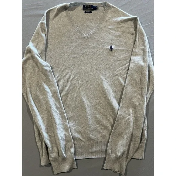 Polo Ralph‎ Lauren Sweater Mens Size Large Gray Pima Cotton Pullover V Neck Golf