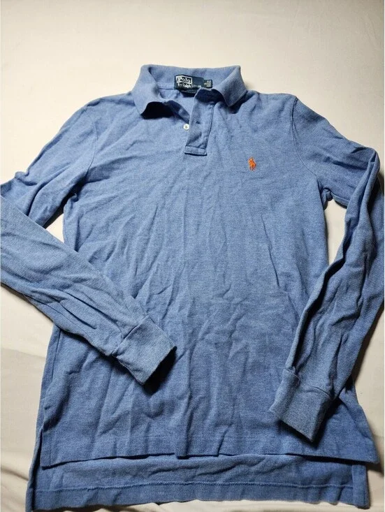Polo Ralph Lauren Men's Light Blue Long Sleeve Polo Shirt Size Small Orange Logo