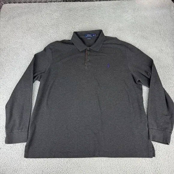 Polo Ralph Lauren Shirt XXL Gray‎ Long Sleeve Polo Custom Slim Fit Stretch Mesh