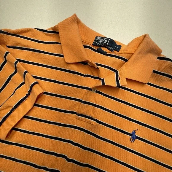 Vintage Polo Ralph‎ Lauren Polo Large Orange & Blue Striped Short Sleeve Flaw