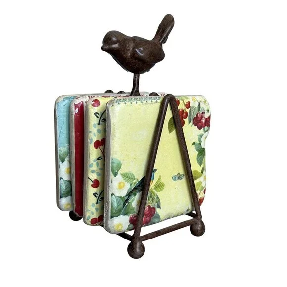 Terri Conrad Vintage Rock Art Set Rustic Metal Stand Butter Yellow Red Artsy