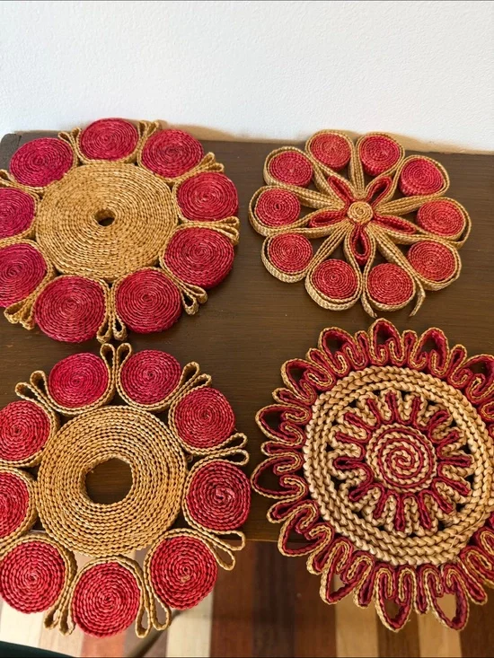 Handwoven Red and Natural Braided Trivet- Set of 4