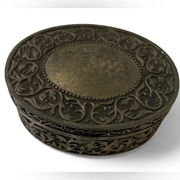 Vintage Oval Metal Trinket Jewelry Box Embossed Scrollwork Velvet Lined